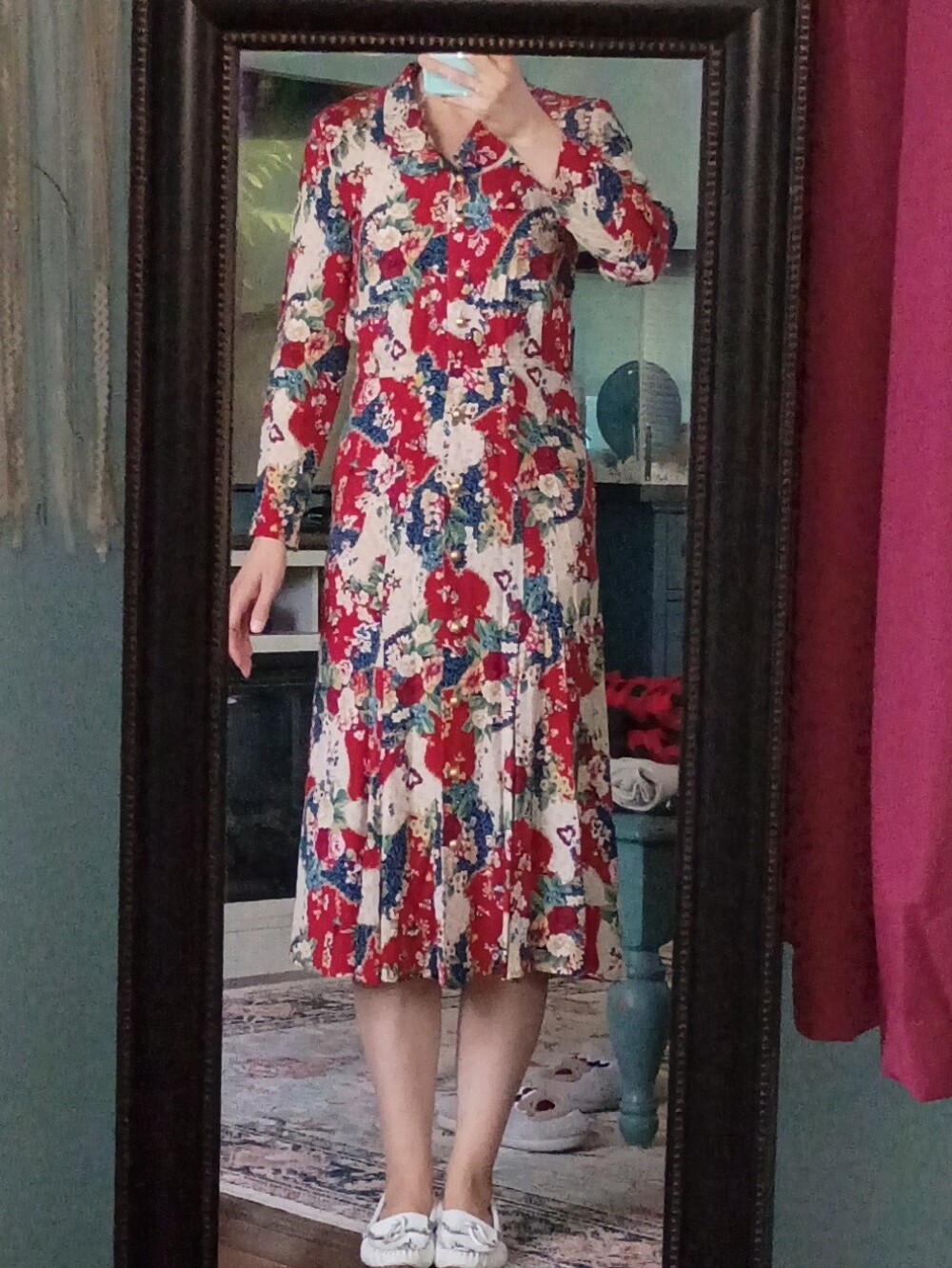 Gorgeous Vintage Leslie Fay Red Floral Button-Front Midi Dress 6
